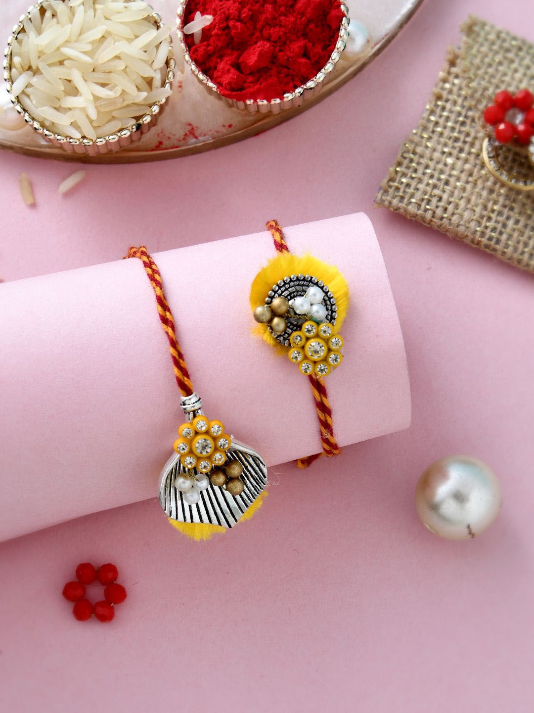 Anouk Gold Toned Beaded Bhaiya Bhabhi Thread Rakhis With Roli, Chawal & Greeting Card