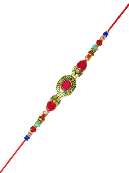 Anouk Gold-Toned Kundan-Studded & Beaded Rakhi With Roli Chawal & Greeting Card