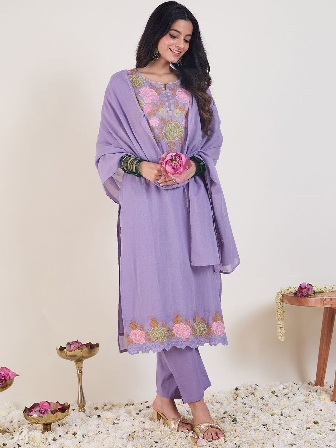 Floral Embroidered Notch Neck Pure Cotton Kurta & Trousers With Dupatta