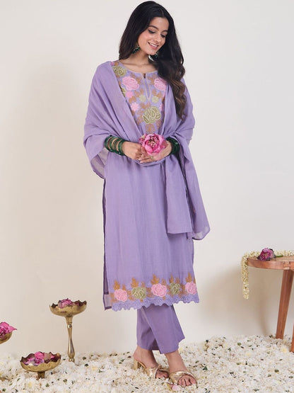 Floral Embroidered Notch Neck Pure Cotton Kurta & Trousers With Dupatta