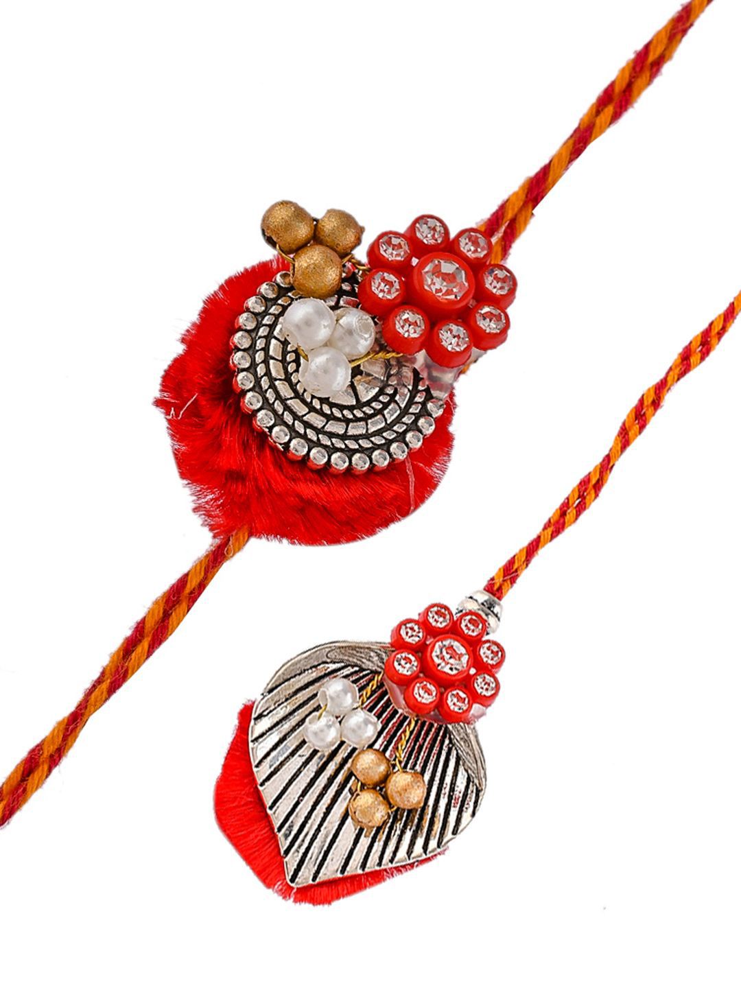 Anouk Red Beaded Bhaiya Bhabhi Rakhi With Roli Chawal & Greeting Card