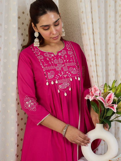 Ethnic Motifs Embroidered Thread Work Pure Cotton Kurta With Trousers & Dupatta