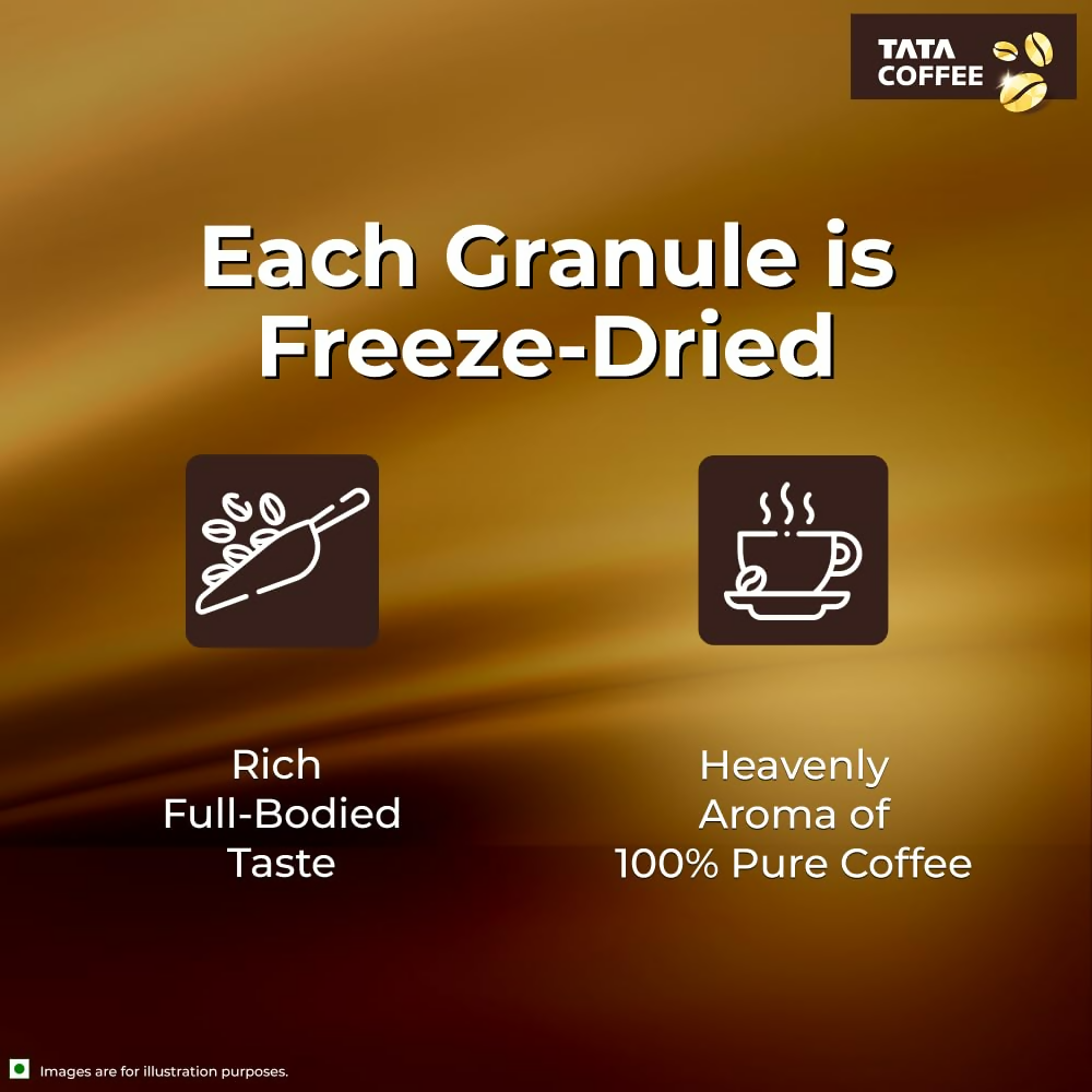 Jar of Tata Coffee Gold Original Instant Coffee powder showing the label and rich coffee inside