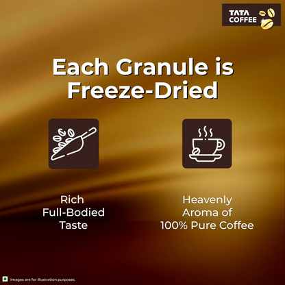 Jar of Tata Coffee Gold Original Instant Coffee powder showing the label and rich coffee inside
