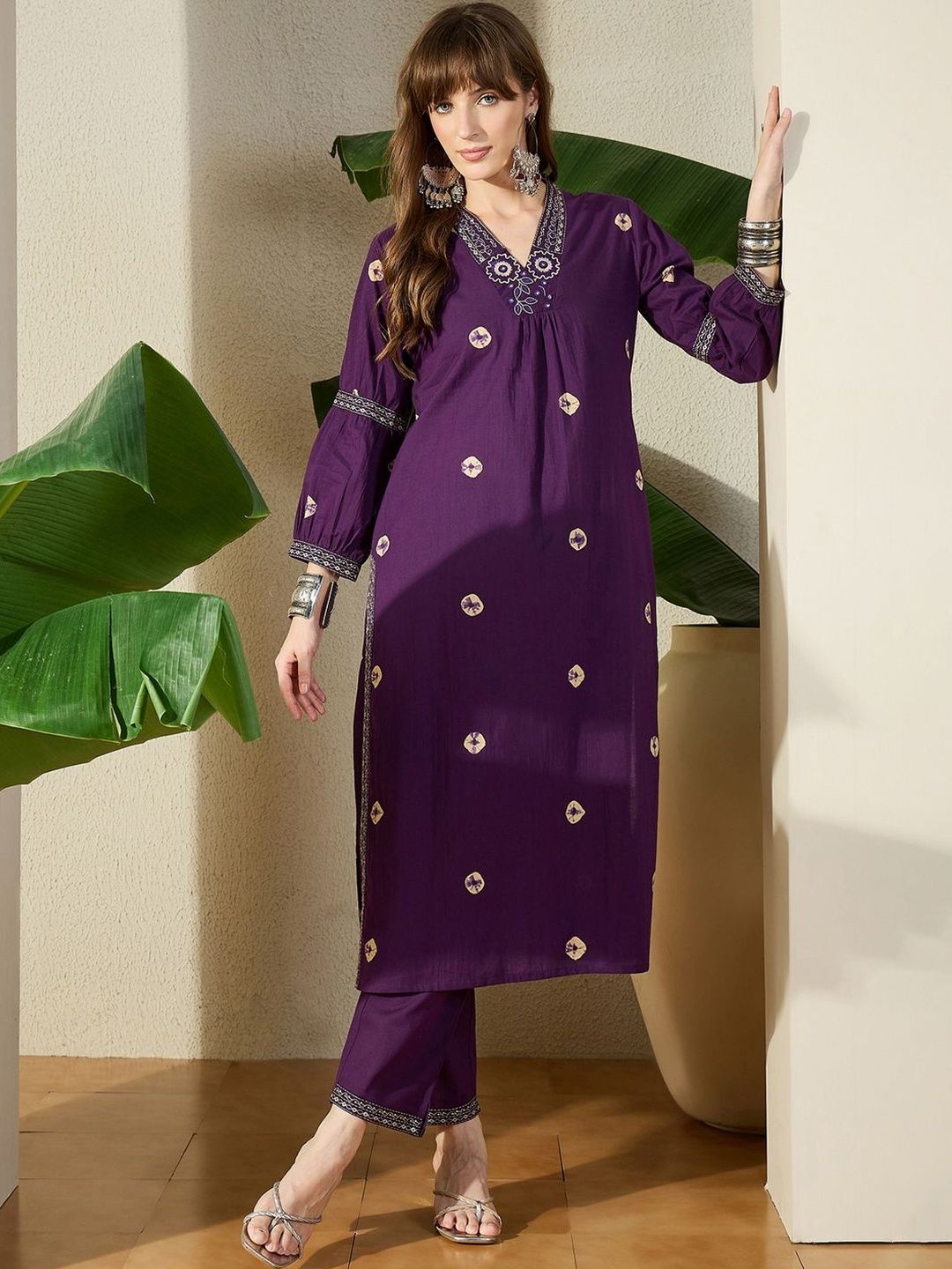 Women Ethnic Motifs Printed Regular Thread Work Pure Cotton Kurta with Trousers