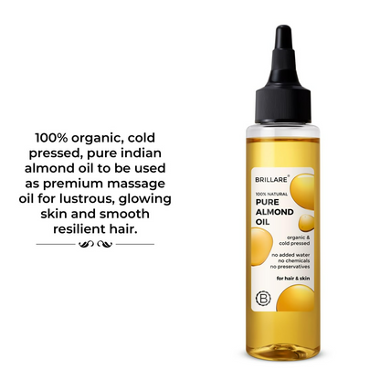 Bottle of Brillare 100% Natural Pure Almond Oil for hair, with a clear label showing the natural almond oil product.