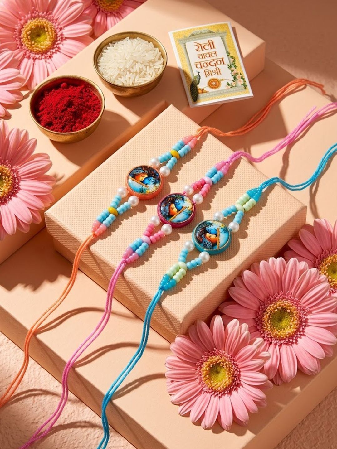 Anouk Set Of 3 Radha Krishna Thread Rakhi With Roli Chawal Chandan Mishri