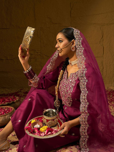 Indyancart IE Floral Embroidered Straight Sequinned Liva Kurta with Trousers & Dupatta