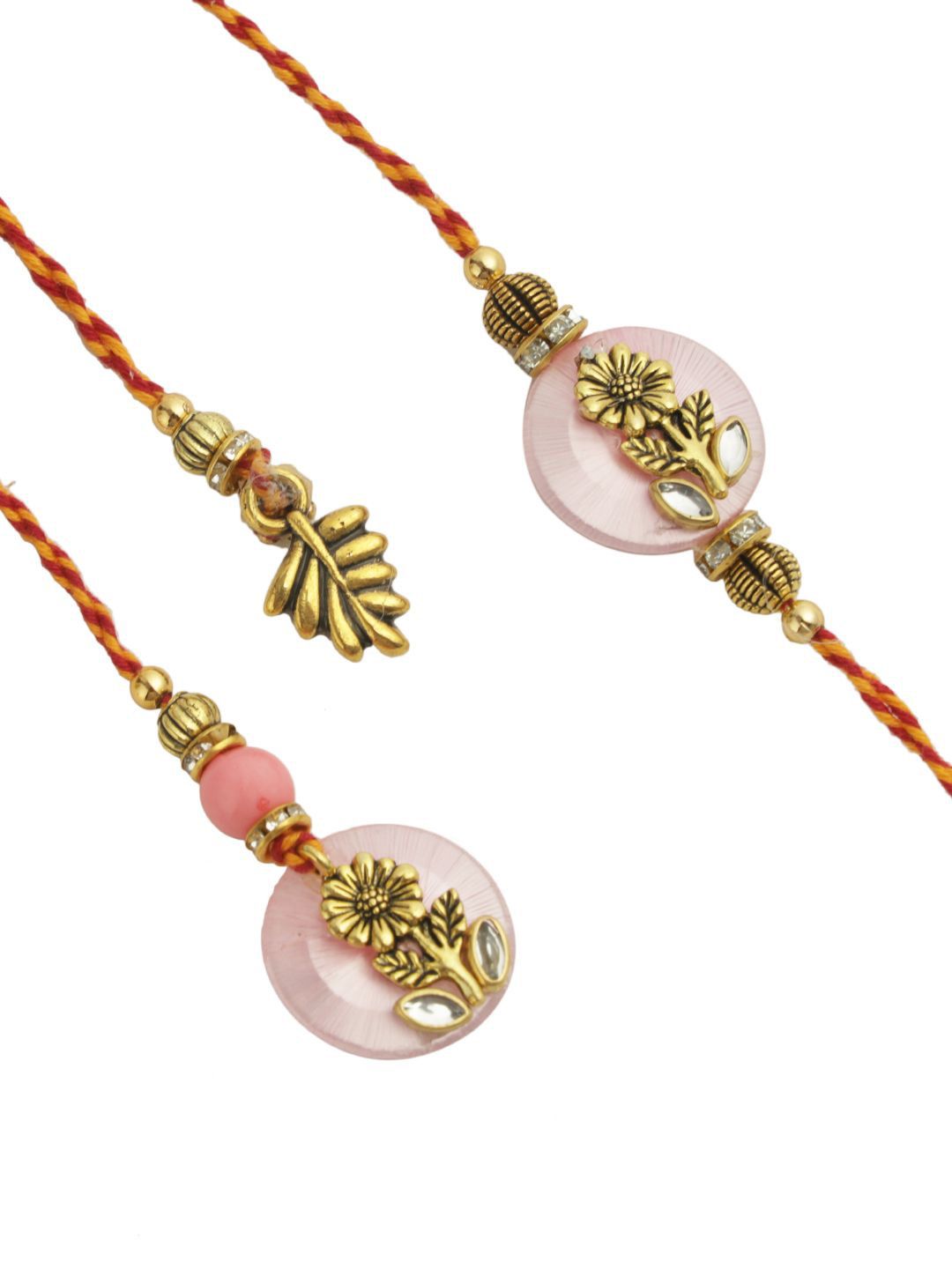 Anouk Pink Stone Studded & Beaded Floral Bhaiya Bhabhi Thread Rakhis With Roli Chawal