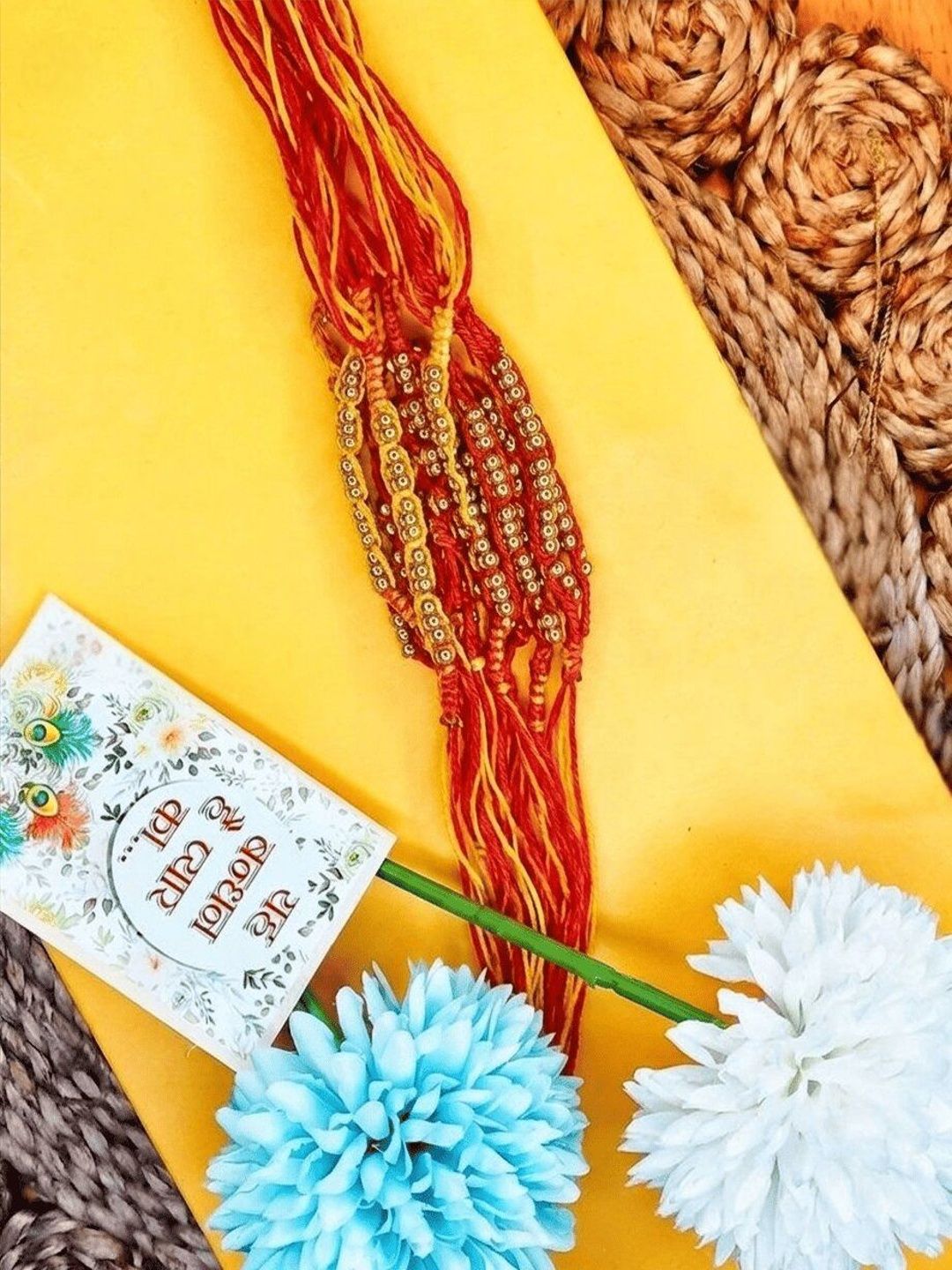 Anouk Set Of 6 Yellow & Red Thread Rakhi With Roli Chawal Chandan Mishri