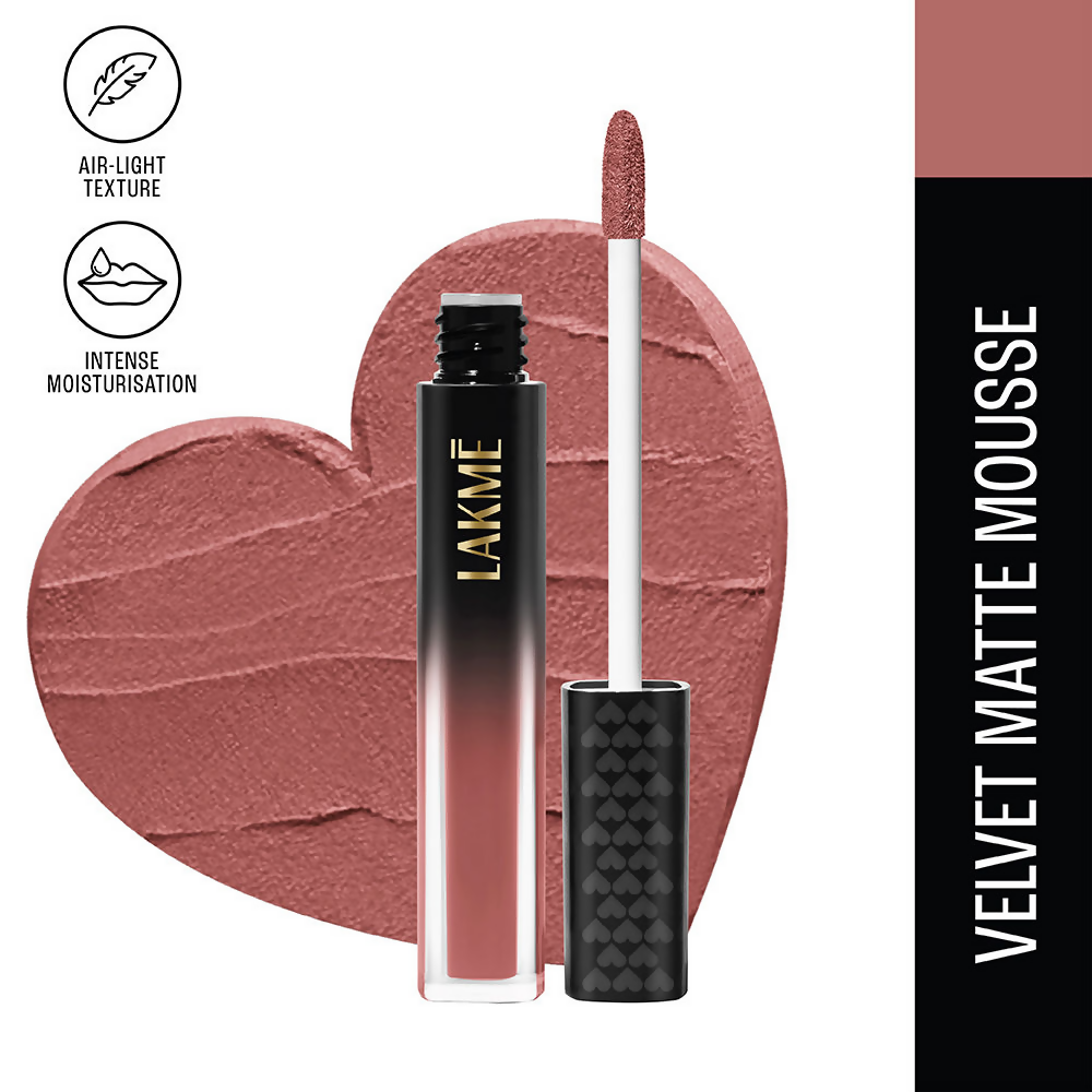Lakme Xtraordin-Airy Velvet Matte Lip Mousse in Blush Nude, showcasing a smooth, velvety lip gloss with a nude pink shade.