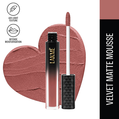 Lakme Xtraordin-Airy Velvet Matte Lip Mousse in Blush Nude, showcasing a smooth, velvety lip gloss with a nude pink shade.