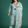 Indyancart Women's Plus Size Floral Print Regular Thread Work Kurta with Palazzos & Dupatta