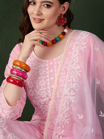 Indyancart SN Women's Pink and White Floral Embroidered Thread Work Cotton Kurta & Trouser With Dupatta