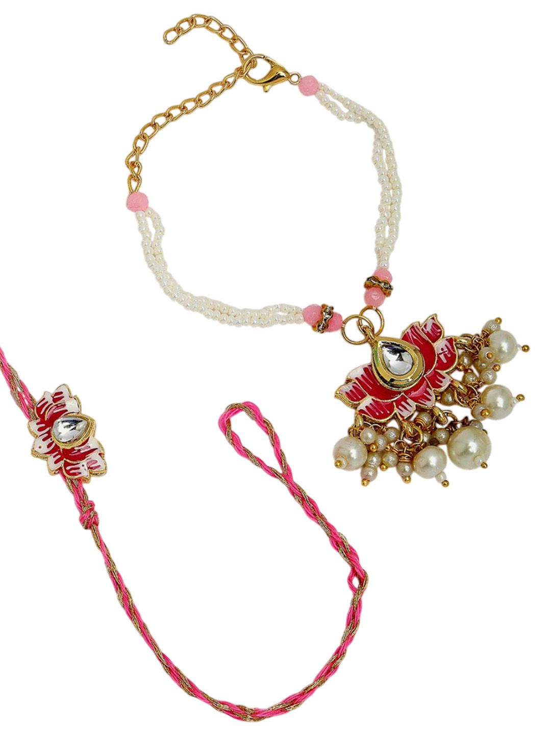 Anouk Unisex Set Of 2 Pink Lotus Shape Kundan-Studded & Beaded Wraparound Rakhi Set