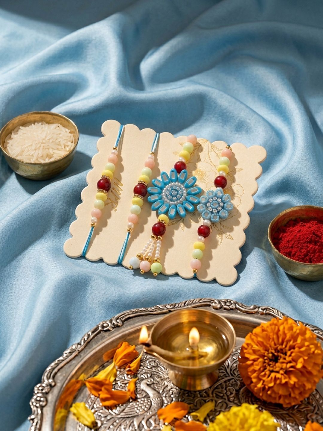 Anouk Set Of 4 Family Pack Beaded Thread Rakhi With Roli Chawal Chandan Mishri