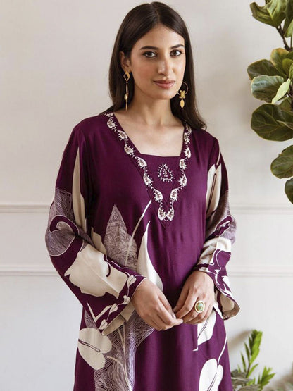 Indyancart IE Printed Beads and Stones Straight Kurta with Trousers