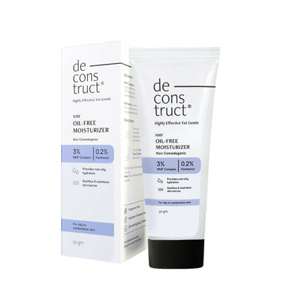 Deconstruct oil-free face moisturizer for oily skin, lightweight cream in a white jar with a silver lid.