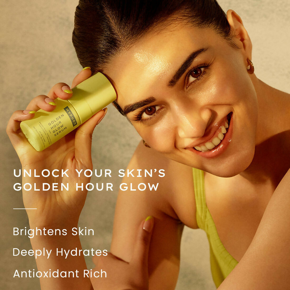 Hyphen by Kriti Sanon SPF Sunscreen for dry skin, part of cleanser, serum, moisturizer, and sunscreen combo set, bottle with pump.