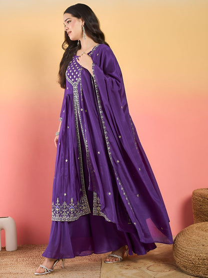 Indyancart VA Floral Embroidered Thread Work Kurta With Palazzos & Dupatta