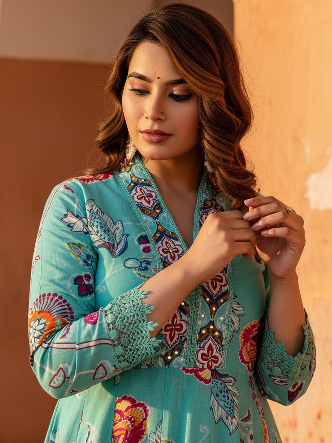 Floral Printed Tiered Mirror Work Pure Cotton Kurta With Trousers & Dupatta