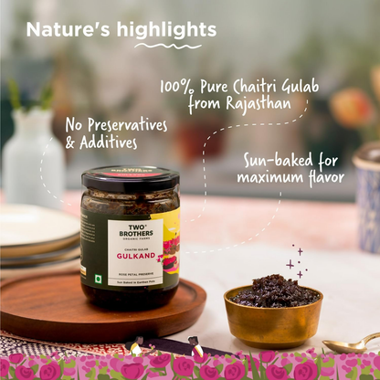Two Brothers Organic Farms natural Gulkand, a traditional rose petal spread, in a clear jar with a white lid.