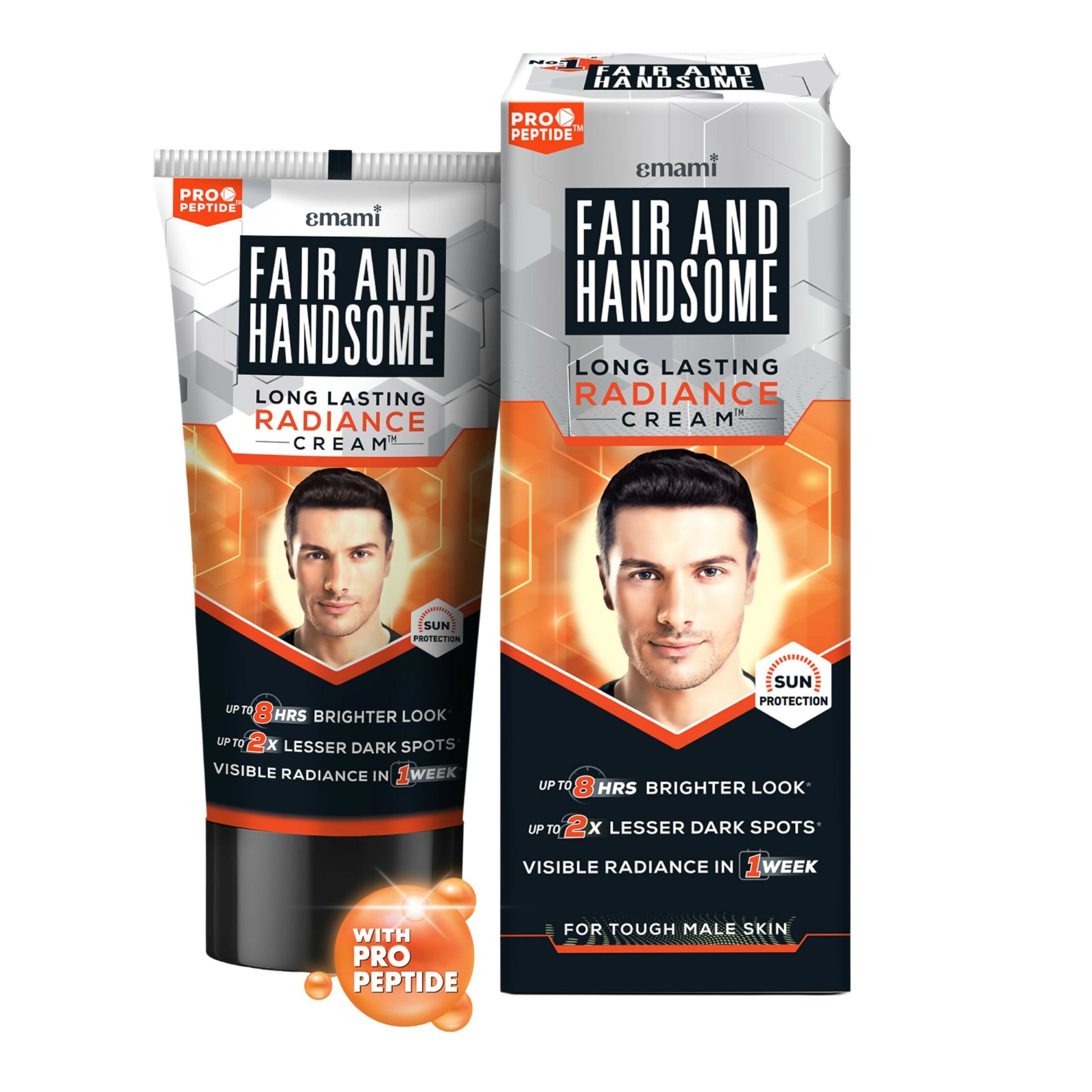 Emami Fair and Handsome Long Lasting Radiance Cream Pro-Peptide face cream in a jar, showing smooth, glowing skin.
