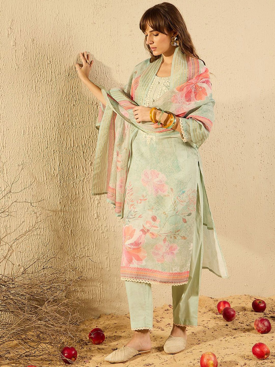 Indyancart IE Women Ethnic Motifs Printed Regular Chikankari Kurta with Trousers & With Dupatta