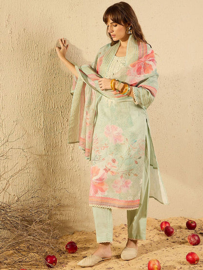 Indyancart IE Women Ethnic Motifs Printed Regular Chikankari Kurta with Trousers & With Dupatta