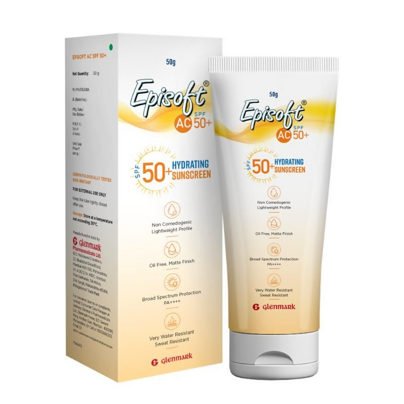 Episoft AC SPF 50+ hydrating matte finish oil-free sunscreen in a tube, designed for skincare and sun protection.