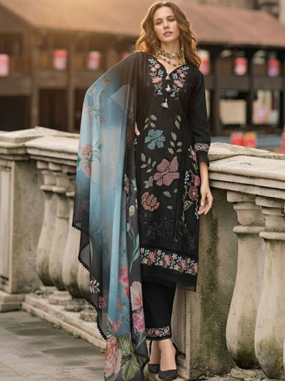 Women Floral Embroidered Thread Work Pure Silk Kurta with Trousers & With Dupatta