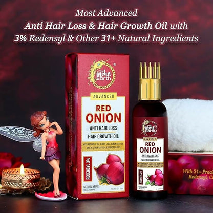 The Indie Earth Advanced 3% Redensyl Red Onion Hair Oil bottle with dropper for anti-hair loss and hair growth.