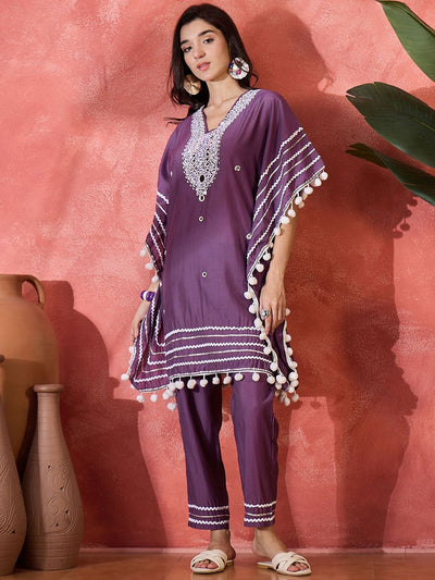 Indyancart SN Women's Floral Embroidered Square Neck Mirror Work Kaftan Kurta With Trousers