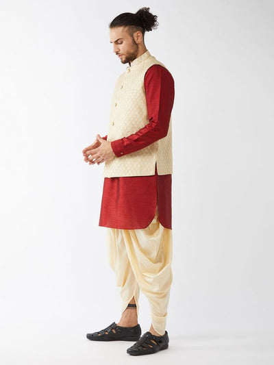 Men's Maroon Silk Blend Straight Jacket  Kurta and Dhoti Set