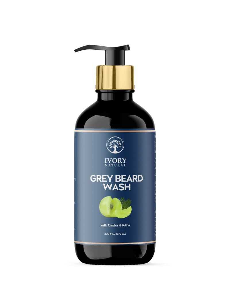 Ivory Natural grey beard wash bottle for restoring natural black beard color, featuring a clear label and white cap.