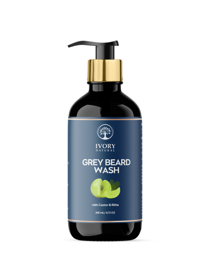 Ivory Natural grey beard wash bottle for restoring natural black beard color, featuring a clear label and white cap.