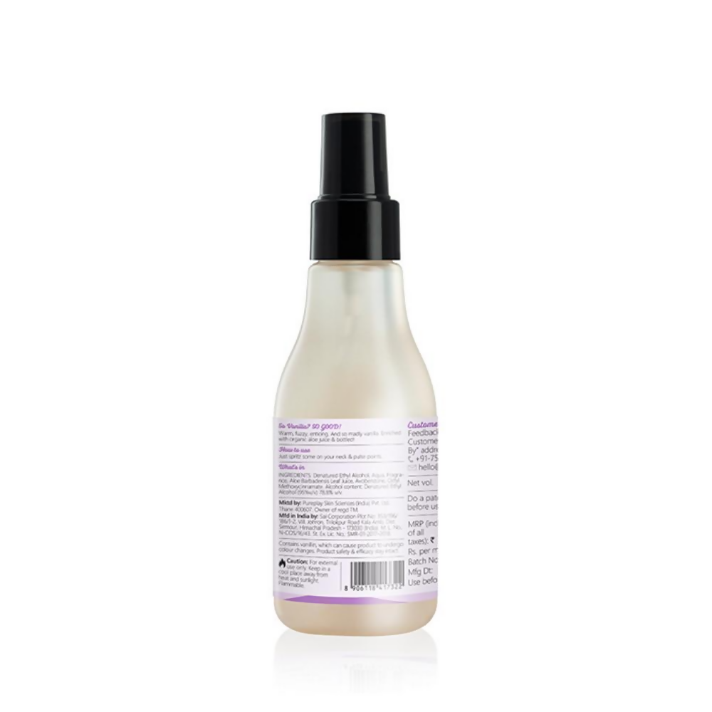 Plum BodyLovin Vanilla Vibes body mist bottle with floral packaging, showcasing a refreshing vanilla scent for skin and personal care.