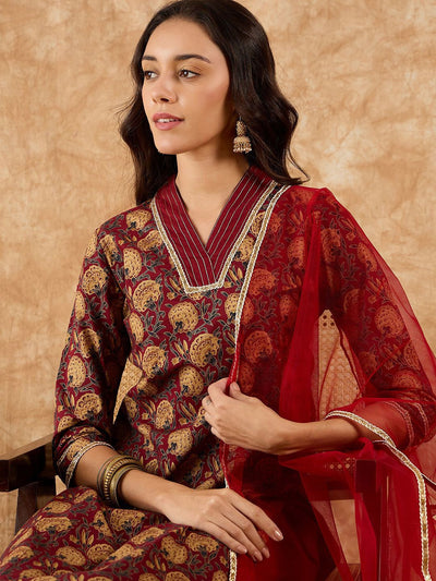Dhiyona IE Floral Printed Straight Thread Work Kurta with Palazzos & Dupatta