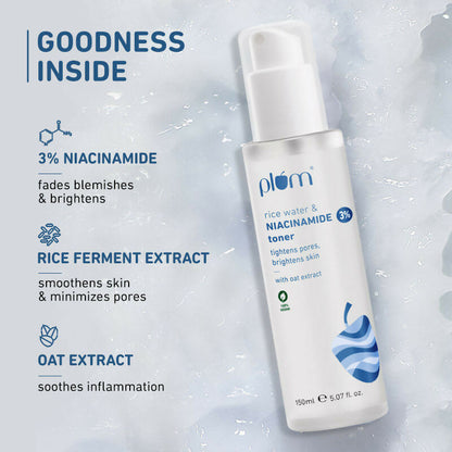 Plum 3% Niacinamide Alcohol-Free Toner With Rice Water and 10% Niacinamide Brightening Face Serum Combo