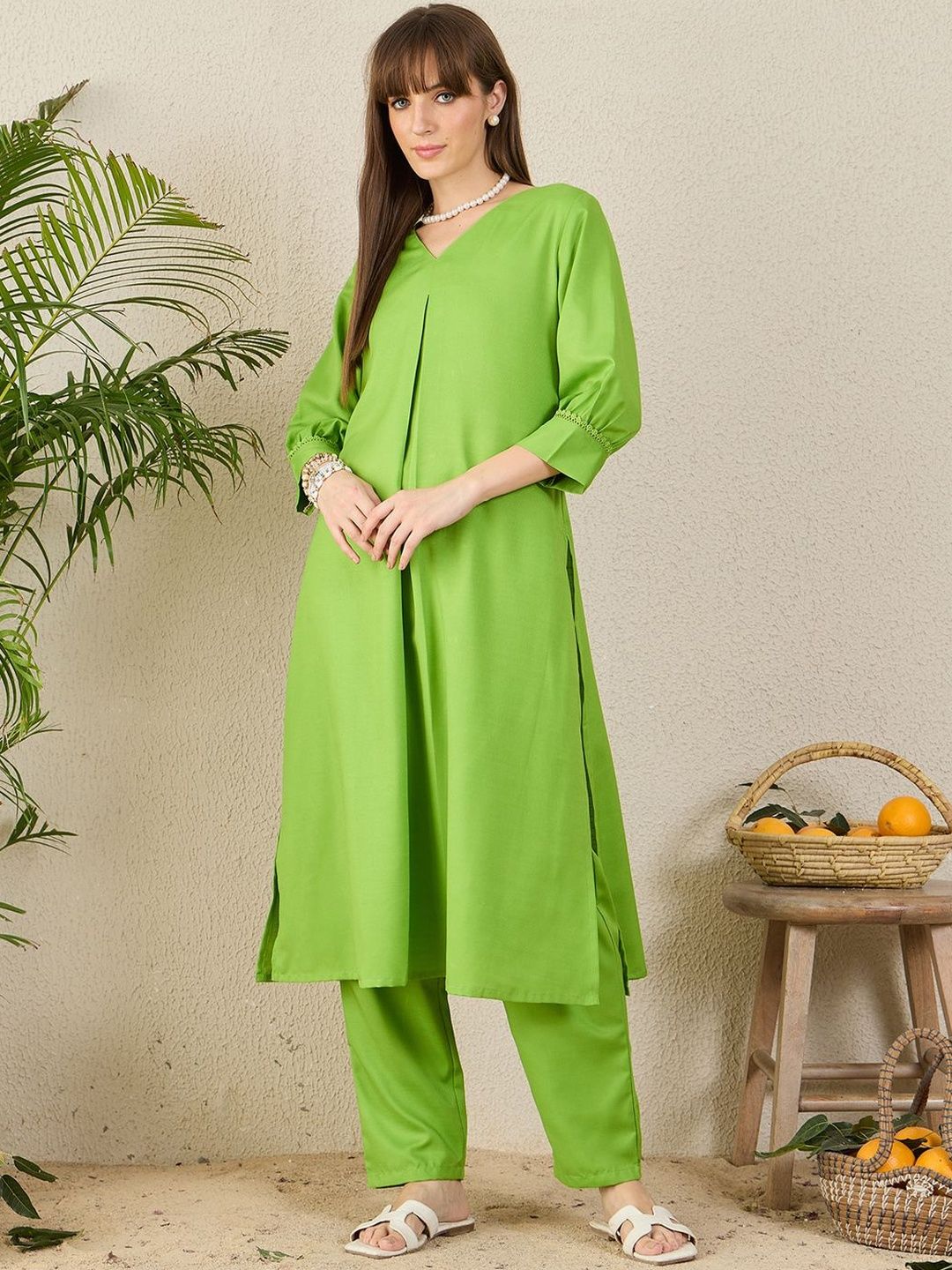 Women Solid A-Line Kurta with Trousers
