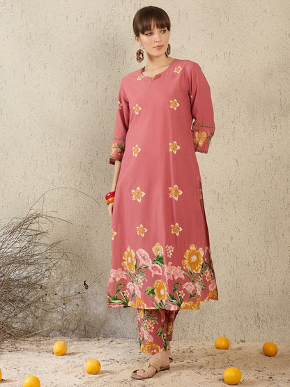 Dhiyona IE Women Printed Round Neck Cotton Top and Trousers Co-Ords