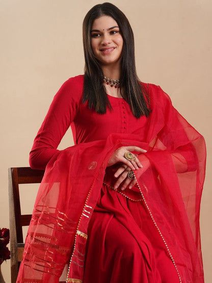 Women's Solid Round Neck Regular Anarkali Kurta with Trousers & Dupatta