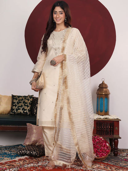 Indyancart VA Cream-Coloured Floral Embroidered Sequined Kurta With Palazzos & Dupatta