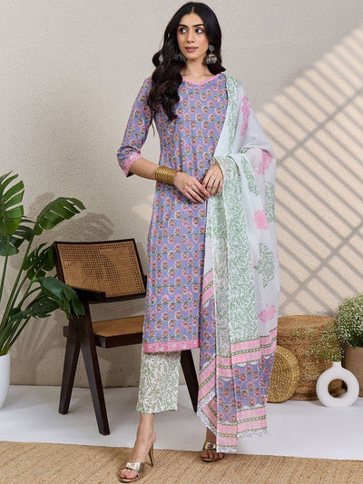 Indyancart IE Women Floral Printed V-Neck Pure Cotton Kurta with Trousers & Dupatta
