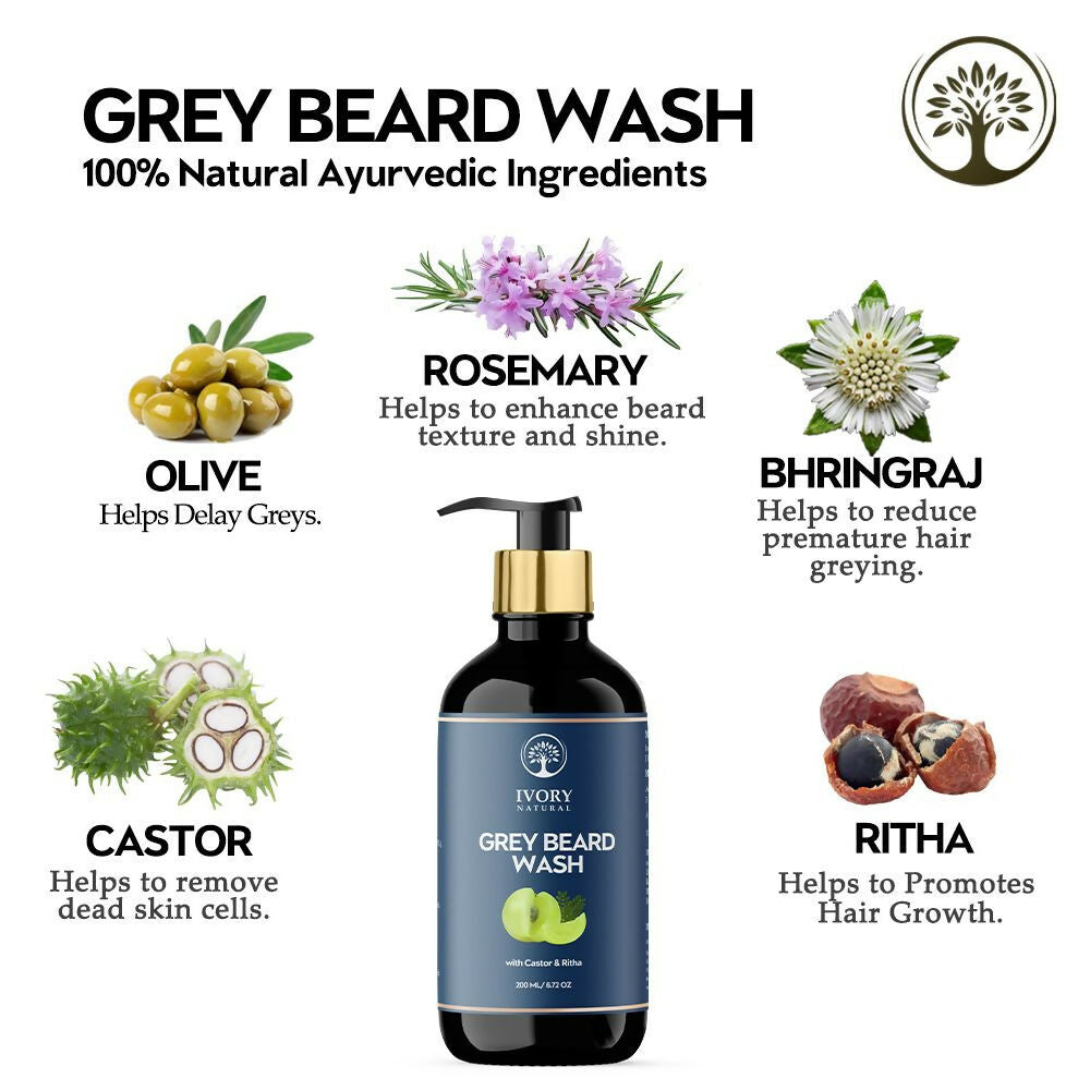 Ivory Natural beard wash in a bottle, designed to restore natural black shade and reduce graying in men's beards.