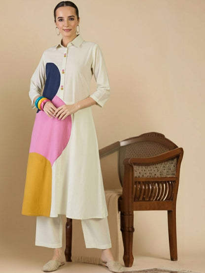 Women Colourblocked Regular Pure Cotton Kurta with Trousers