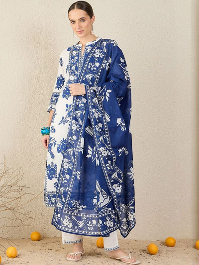 Indyancart IE Women Floral Printed Cotton Kurta with Trousers & Dupatta