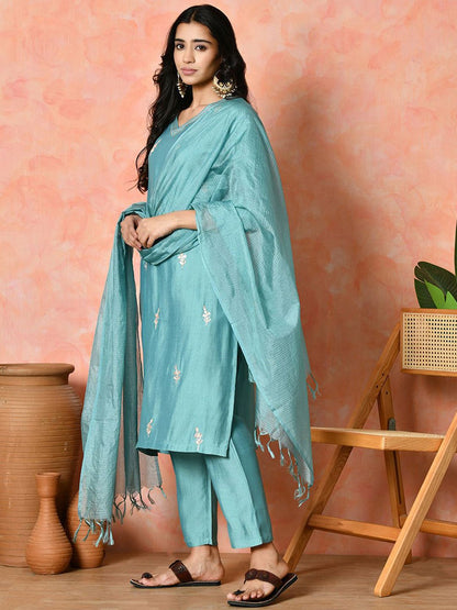 Indyancart SN Women's Solid Embroidered Kurta with Trousers & Dupatta