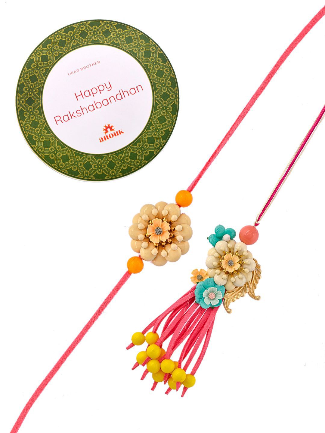 Anouk Pink Set Of 2 Bhaiya Bhabhi Lumba & Thread Rakhis With Roli Chawal