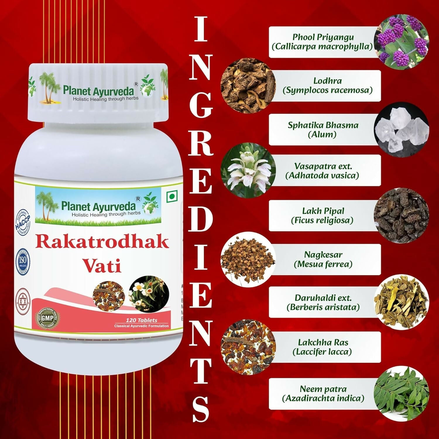 Planet Ayurveda Rakatrodhak Vati Ayurvedic tablets showing the herbal supplement packaging and tablets in a blister pack.